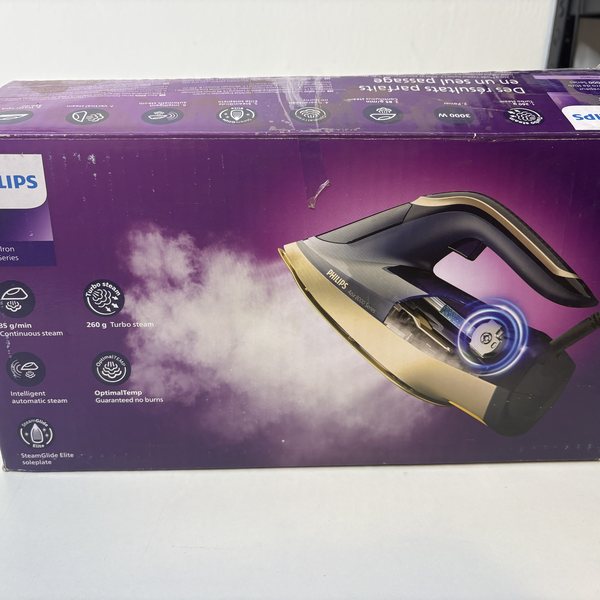 Die Kartonseite mit den Kenndaten, darunter 85 g/min Dauerdampf und 260 g Dampfstoß.